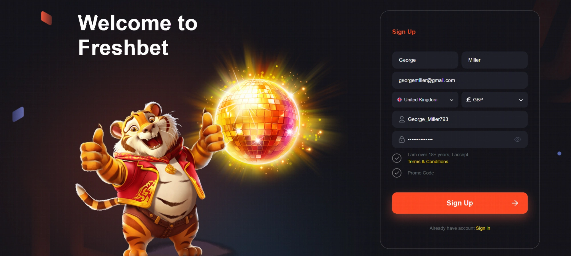 FreshBet Casino UK sign up page overview